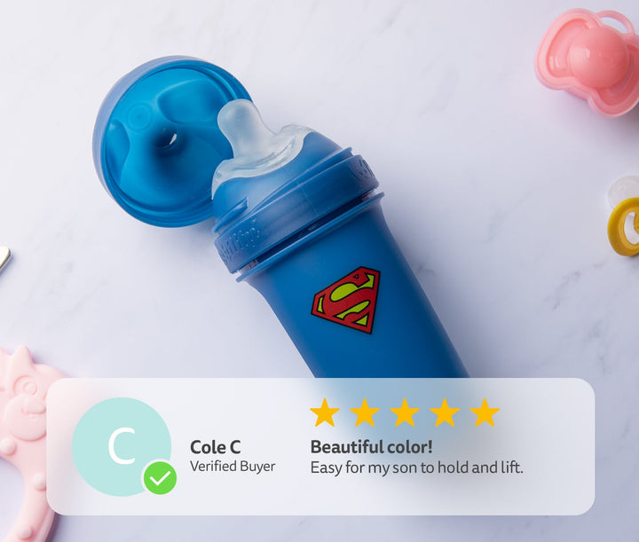 Herobility DC Superman Double Biberon Anti-Coliques 340 Ml – Tétine Ultra-Douce, Facile à Nettoyer, Primé Et Adoré Par Les Bébés !